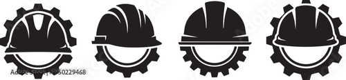 Black silhouette gear helmet icons industrial construction safety engineering vector design