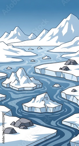 Arctic waterway flows between snowy peaks and floating ice masses