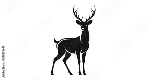 An isolated vector illustration of a wild deer silhouette featuring majestic antlers and horns, depicting a black stag or elk in nature for wildlife and Christmas themes