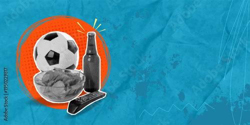 A trendy halftone collage in a pop art style. The championship final. Snacks, beer, and football fun. Next to the football are a bowl of chips, a bottle of beer, and a TV remote.