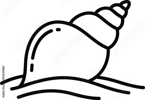 A simple black and white line art illustration of a spiral seashell resting on the ocean sand