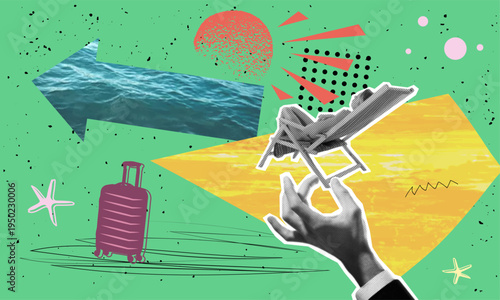 A trendy halftone collage. A man's hand gently holds a sun lounger on which a young woman is sunbathing. An arrow depicting the sea invites you to a resort. Summer, vacation, relaxation, travel, holid