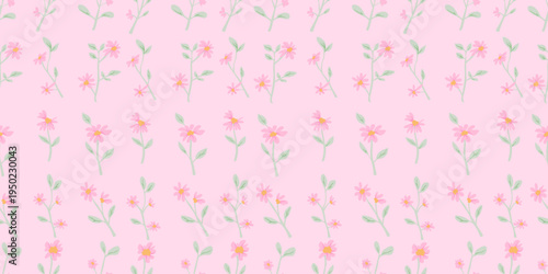 Cute Pink Daisy Floral Seamless Pattern with Soft Pastel Botanical Elements