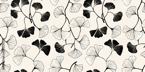 Elegant botanical pattern featuring delicate ginkgo biloba leaves on beige