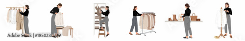 Set of illustrations showing a woman organizing a wardrobe, managing a boutique, and working with fashion apparel in a minimalist neutral style.