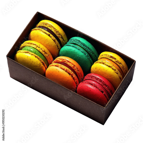 Colorful assorted macarons box food photography studio setting aesthetic appeal