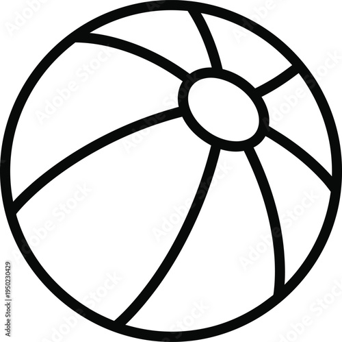 A simple black and white line art illustration of a classic inflatable beach ball for summer fun