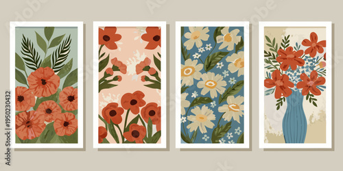 Four botanical wall art panels featuring colorful floral arrangements