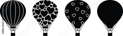 Set of four artistic hot air balloon silhouettes with unique striped, heart-filled, outlined heart, and solid designs, perfect for creative decoration, travel, and adventure themes
