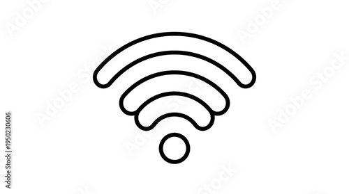 Minimalist black-and-white Wi-Fi icon with radiating signal lines, symbolizing wireless connectivity and internet access.