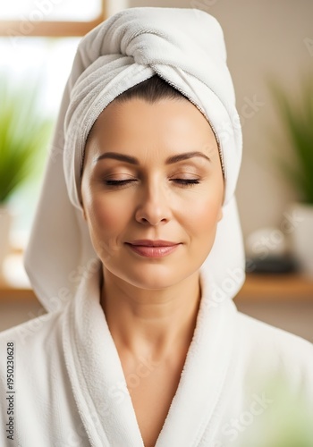 Mature woman enjoys moment of peace wearing a white bathrobe and hair wrapped in a towel