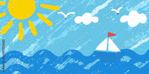 A childlike drawing depicts a sunny seascape with a sailboat