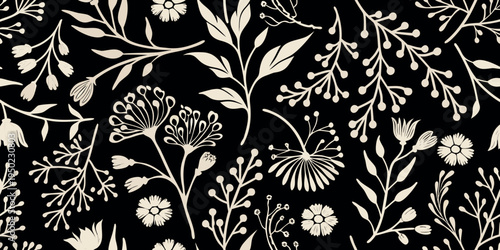 Delicate floral pattern featuring sketched botanical elements on a dark background