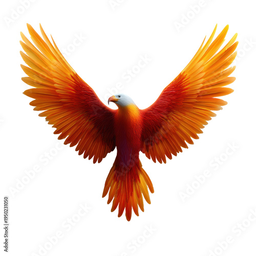 Soaring majestic bird with glowing feathers above lush landscape in nature photography