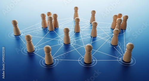 Wooden figures illustrate complex global connections and digital communication systems across a blue surface