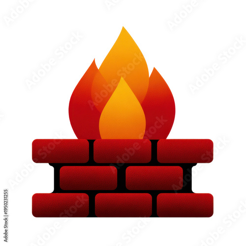 Protecting your network firewall icon with flame against brick wall background