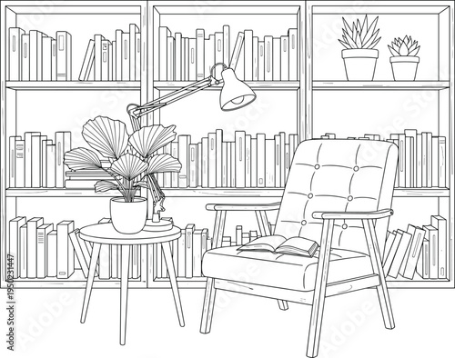 A line of a chair with a book and a side table with a plant in front of a bookshelf