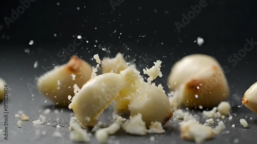 Macadamia nuts falling and breaking apart.