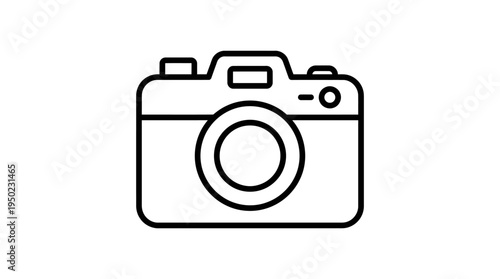Minimalist black-and-white camera icon with lens, flash, and viewfinder, symbolizing photography and media content.