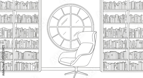 A line of a chair in front of a large circular window between two bookshelves line chair library
