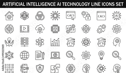 Artificial intelligence AI technology line icons set with machine learning neural network automation digital outline symbols collection