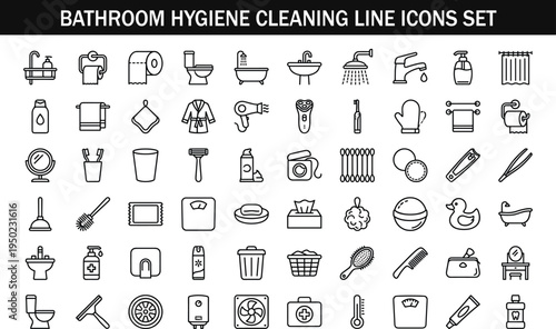 Bathroom hygiene cleaning line icons set with shower sink toilet soap towel grooming tools outline symbols collection