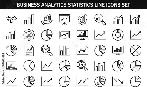 Business analytics statistics line icons set with charts graphs growth data analysis outline symbols collection