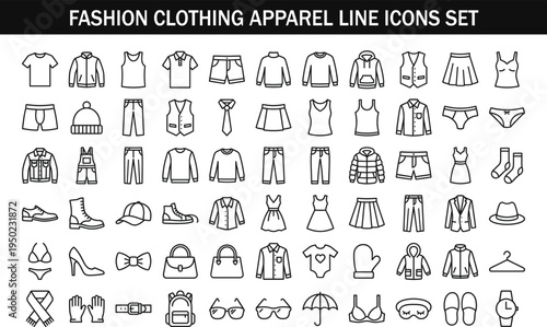 Fashion clothing apparel line icons set with shirts pants dress shoes accessories wardrobe outline symbols collection