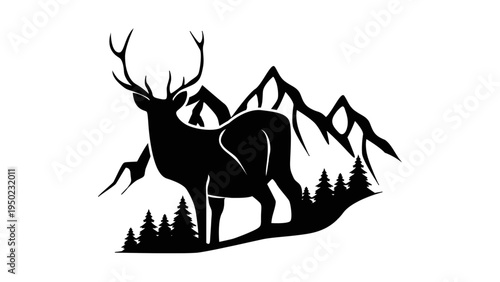 Majestic stag deer silhouette with mountain and forest background