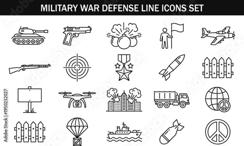 Military war defense line icons set with tank missile drone weapon target peace symbol outline collection
