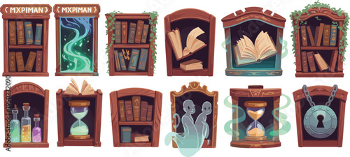 Cartoon style wooden bookcases with various inside books green vines