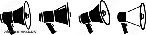 Black silhouette megaphone icons front side back view audio communication vector design