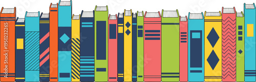 Colorful book spines with various patterns on white background books stripes