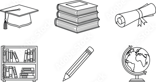 Educational graduation cap books diploma pencil globe bookshelf
