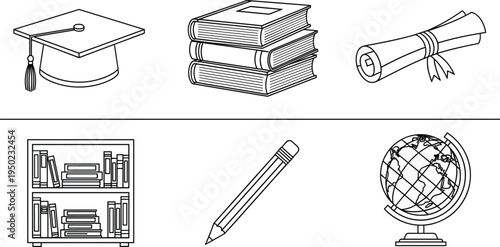 Educational including graduation cap books diploma pencil bookcase and globe educational graduation cap