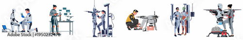 Set of flat vector illustrations showing professional engineers and technicians repairing, assembling, and maintaining advanced humanoid robots and drones in a laboratory.