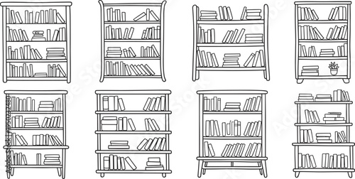 Eight black and white of bookshelves with books line library furniture