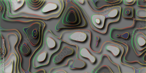 Dynamic abstract topographic map contours with vibrant neon green yellow and red outlines and dark grey layered shadows creating a futuristic and energetic visual for digital art and backgrounds