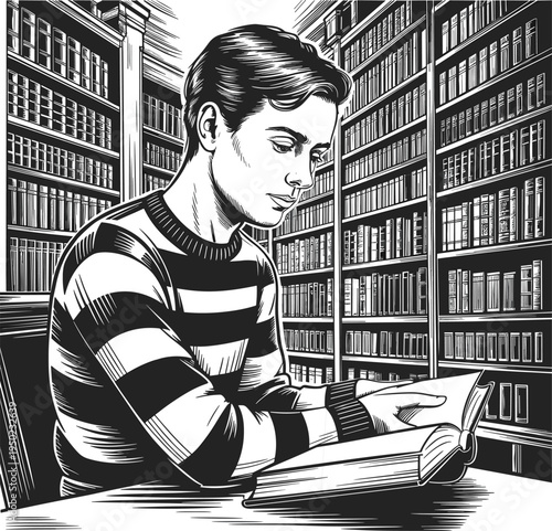Man in striped sweater reading book at desk in library bookshelves