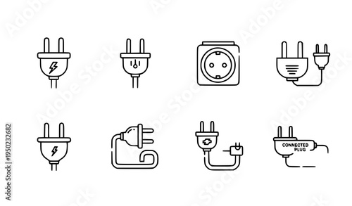 Electric Plug Line Icon Set Power Cable Socket Vector Symbols
