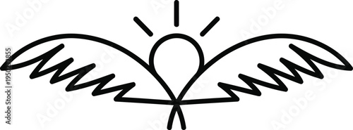 A minimalist line art graphic featuring a stylized sun rising behind a pair of decorative wings