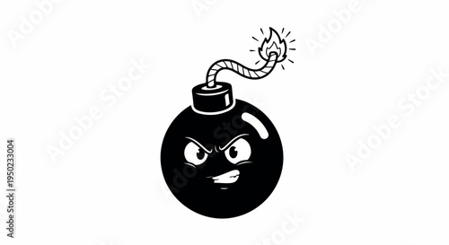 A black bomb cartoon with an angry face and lit fuse on a white background in a flat illustration style.