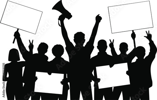 Activists with Protest Signs and Megaphone, Political Rally and Public Demonstration Silhouette, Social Movement and Community Activism Graphic, vector, illustration, silhouette.