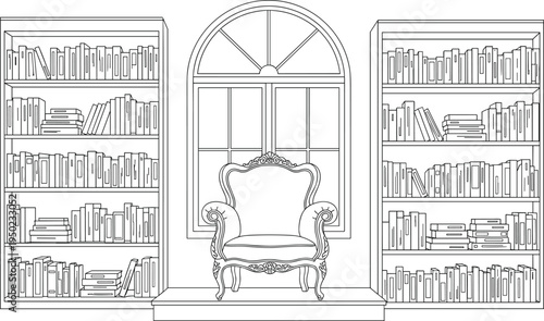 Vintage armchair between tall bookshelves in front of arched window