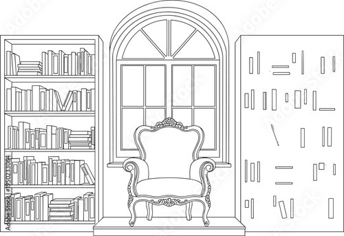 Vintage armchair by arched window with bookshelves furniture bookshelf