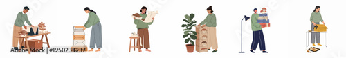 Flat illustration of people harvesting, packing, and shipping mushrooms in a modern urban farming or small business setting.