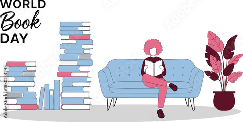 Woman sitting on blue couch reading book next to pink plant and stacks of books pink hair