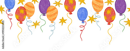 Φωτογραφία Children drawing crayons. Seamless border Birthday celebration.