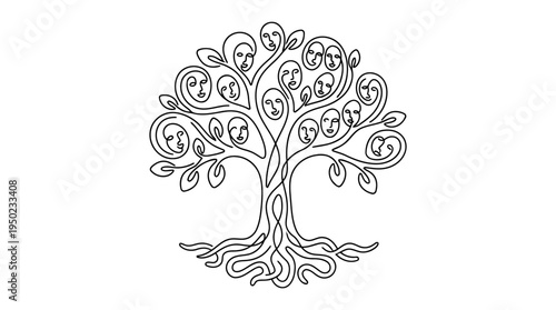 Family Tree with Faces as Leaves Continuous Single Line Minimalist Family Roots Line Art Illustration
