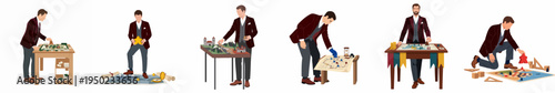 Set of illustrations depicting a businessman in a suit strategically playing various tabletop board games and maps for planning and decision-making.